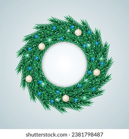 Realistic Christmas wreath with brawn ball with snow and lights with white background