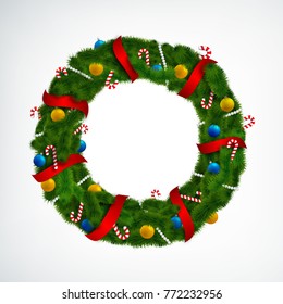 Realistic christmas wreath decorated with red ribbons candies and baubles on white background vector illustration