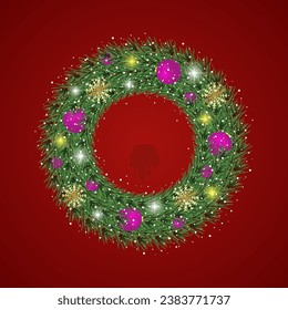 Realistic Christmas wreath design with red background