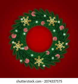 Realistic christmas wreath golden shonoflacke red ball and lights