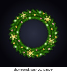 Realistic christmas wreath green leaf golden shonoflacke and christmas balls 