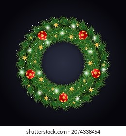 Realistic christmas wreath green leaf golden star red balls christmas lights