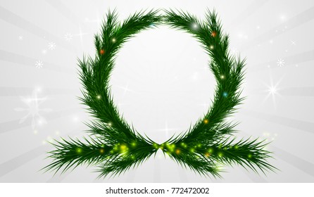 Realistic Christmas wreath on the silver background with snawflakes