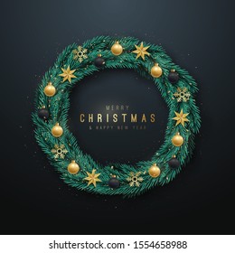 Realistic Christmas Wreath. Christmas pine branches decorated with Golden baubles, stars and snowflake on dark background. Stock vector illustration.