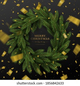 Realistic Christmas wreath with shiny golden falling confetti. Merry Xmas and Happy New Year shiny poster. 