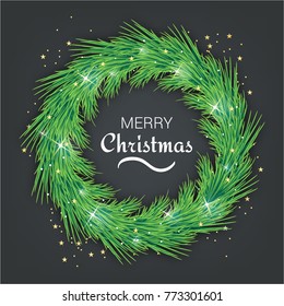 Realistic Christmas wreath with stars. Vector illustration. A template of a spruce wreath for photos and logos.