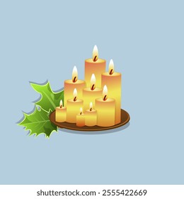 realistic christmas yellow candle vector illustration,christmas elements on light blue background isolate