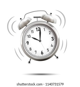 Sonido de despertador cromado realista, aislado en fondo blanco. Ilustración vectorial