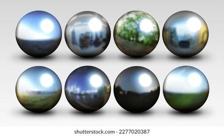 Juego de bolas cromadas realistas, con HDRI borrosa, Ilustración vectorial