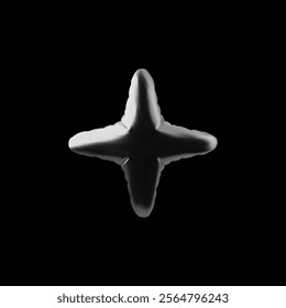 Realistic chrome inflated balloon four-pointed star 3D plastic style icon. Glossy metallic foil helium balloon star decoration. Festive volumetric silver air figure design element