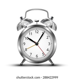 Realistic  chrome metal alarm clocks.  Vector illustration on white background