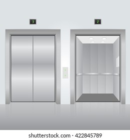 Realistic chrome opened and closed elevator doors in office building. Vector illustration.