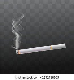 cigarrillo realista con ceniza, filtro blanco, etapas de quemaduras aisladas en ilustración de vector de fondo transparente