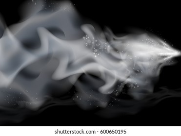 Realistic cigarette hot smoke waves on black backdrop.Delicate cloudiness and vapor.For effect uses on web site,poster,placard and wallpaper.Fog spray elements concept.