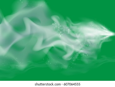 Realistic cigarette hot smoke waves on green backdrop.Delicate cloudiness and vapor.For effect uses on web site,poster,placard and wallpaper.Fog spray elements concept