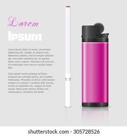 Realistic cigarette and lighter template. Vector background.