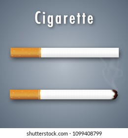 Realistic Cigarette normal and burn isolated on grey background. Vector illustration