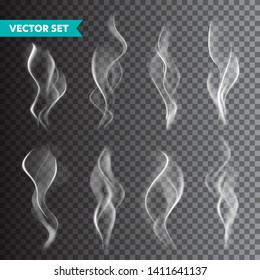 Realistic cigarette smoke set isolated on transparent background. Vector vapor in air, steam flow. Fog, mist effect