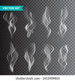 Realistic cigarette smoke set isolated on transparent background. Vector vapor in air, steam flow. Fog, mist effect.