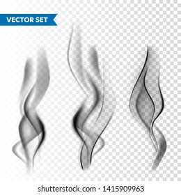 Realistic cigarette smoke set isolated on transparent background. Vector vapor in air, steam flow. Fog, mist effect.