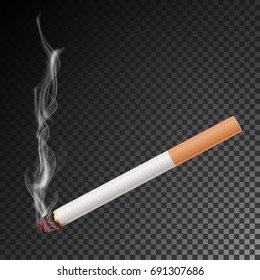 Realistic Cigarette With Smoke Vector. Isolated Illustration.
Burning Classic Smoking Cigarette On Transparent Background.