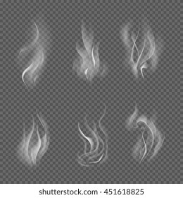 Realistic cigarette smoke waves on transparent checkered background. Set of smoke abstract, effect realistic smoke. Vector illustration