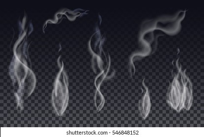 Ondas de fumaça de cigarro realistas ou vapor em fundo transparente. Conjunto de vetores.