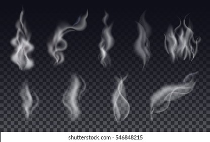 Realistic cigarette smoke waves or steam on transparent background. Vector Set.