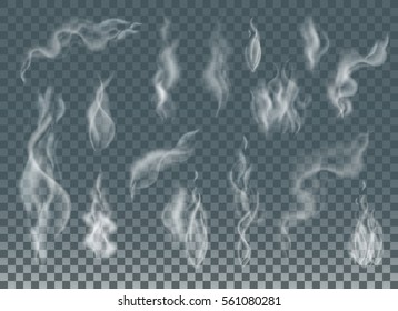Realistic cigarette smoke waves or steam on transparent background. Vector Set.