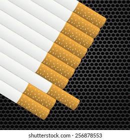 Realistic cigarettes  on dark metal perforated background.