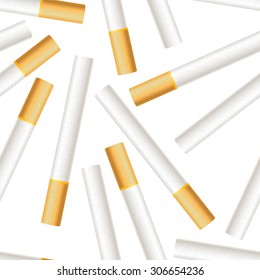 A lot of realistic cigarettes on white background seamless pattern