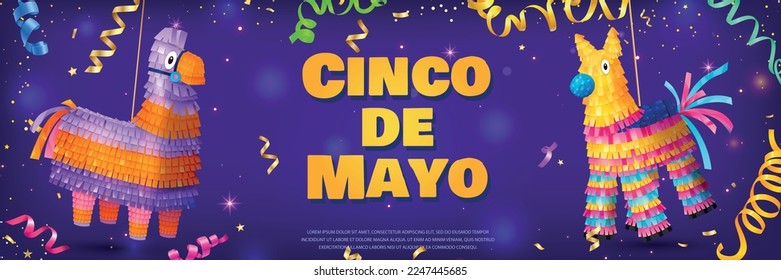 Realistisches Cinco de mayo Urlaubsposter mit bunten mexicanischen Pinatas, Vektorgrafik