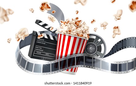 Realistic cinema advertising poster. Popcorn bucket, clapperboard, movie tape and reel, flying popcorn in motion. Film production banner. Movie premiere show announcement design.