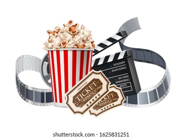 Realistic cinema advertising poster. Popcorn in paper cup, movie tape reel, clapperboard and cinema tickets on isolated background. Film production banner. Movie premiere enterteinment show design.