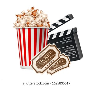 Realistic cinema advertising poster. Popcorn in paper cup, movie clapperboard and cinema tickets on isolated background. Film production banner. Movie premiere enterteinment show design.