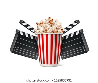 Realistic cinema advertising poster. Popcorn in paper cup, movie clapperboard on isolated background. Film production banner. Movie premiere enterteinment show design.