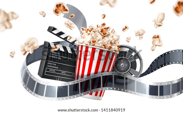 Realistic cinema
advertising poster. Popcorn bucket, clapperboard, movie tape and
reel, flying popcorn in motion. Film production banner. Movie
premiere show announcement
design.