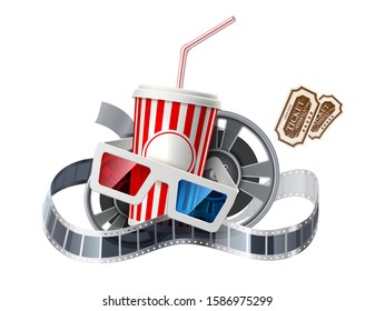 Realistic cinema advertising poster. Soda paper cup with straw, movie tape reel, cinema 3d glasses and tickets isolated background. Film production banner. Movie premiere enterteinment show design.