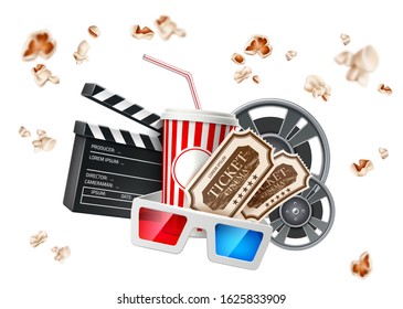 Realistic cinema advertising poster. Soda paper cup, movie tape reel, clapperboard, cinema 3d glasses and tickets background of flying popcorn. Film production banner. Movie premiere show design.