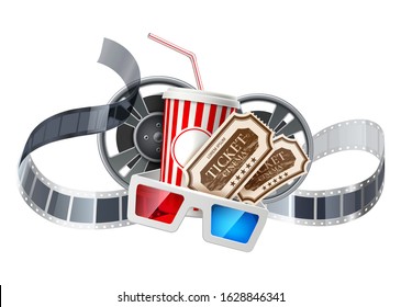 Realistic cinema advertising poster. Soda paper cup with straw, movie tape reel, cinema 3d glasses and tickets isolated background. Film production banner. Movie premiere enterteinment show design.