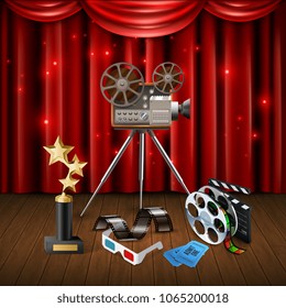 Realistic cinema background with trophy 3d glasses camcorder clapboard and sparkling red curtain vector illustration