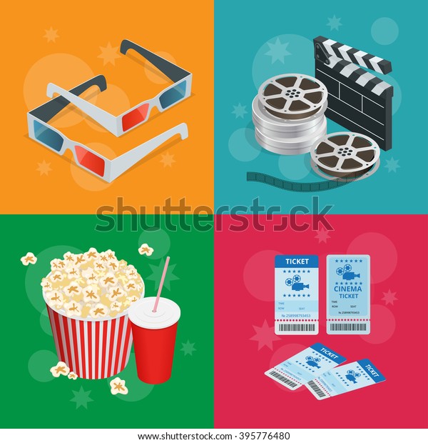 Realistic Cinema Concept Movie Theatre Elements Stock Vector (Royalty