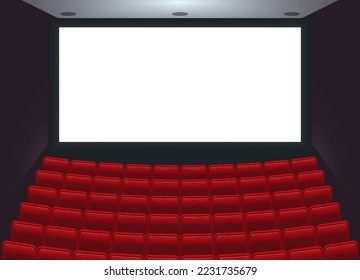 realistic cinema empty hall or cinema theatre film with white empty screen entertainment movie. eps vector