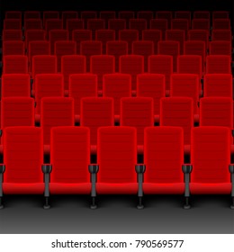 Realistic cinema hall red seats. Movie theater with rows of empty seats or chairs. Vector illustration EPS 10