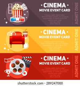 Realistic cinema movie cards template with film reel, clapper, popcorn, 3D glasses, concept banners 