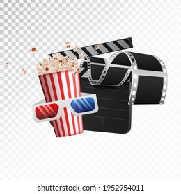 Realistic cinema movie poster template with film reel, clapper, popcorn, 3D glasses