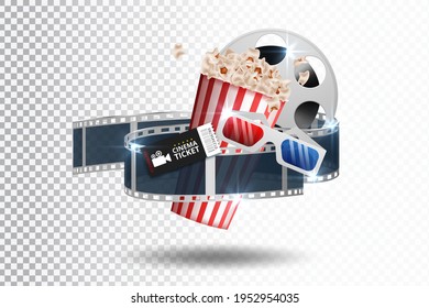 Realistic cinema movie poster template with film reel, clapper, popcorn, 3D glasses