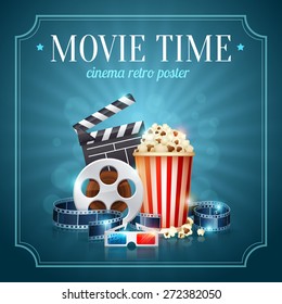 Realistic Cinema Movie Poster Template With Film Reel, Clapper, Popcorn, 3D Glasses, Conceptbanners With Bokeh