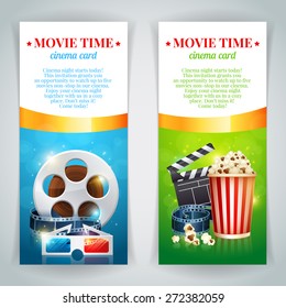 Realistic cinema movie poster template with film reel, clapper, popcorn, 3D glasses, conceptbanners with bokeh