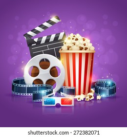 Realistic cinema movie poster template with film reel, clapper, popcorn, 3D glasses, conceptbanners with bokeh